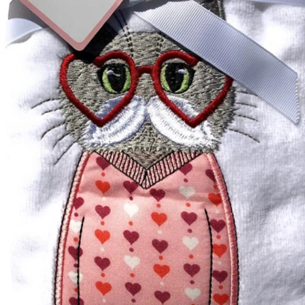 Truly Lou Lovable Hipster Cat with Glasses Embroidered Hand Towels, Set of 2
